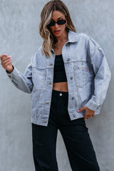 Sky Blue Stripe Washed Oversize Pocketed Denim Jacket Denim Jackets JT's Designer Fashion
