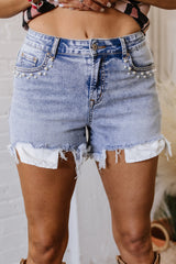 Beau Blue Pearl Studded Pockets Raw Hem Denim Shorts Beau Blue 93%Cotton+5%polyester+2%Elastane Denim Shorts JT's Designer Fashion