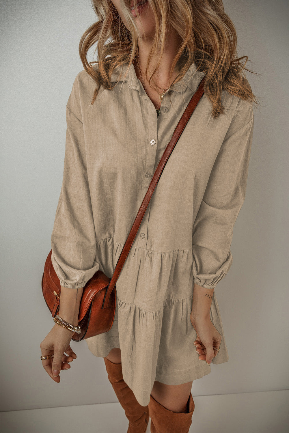 Tan Puff Sleeve Buttoned Tiered Pleated Shirt Mini Dress Mini Dresses JT's Designer Fashion