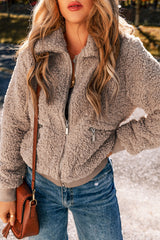 Light French Beige Zipper Pocketed Winter Fuzzy Jacket Jackets JT's Designer Fashion