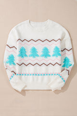 White Striped Christmas Tree Ribbed Trim Drop Shoulder Sweater Sweaters JT's Designer Fashion