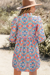Sky Blue Abstract Printed Long Sleeve Tied Neckline Mini Dress Mini Dresses JT's Designer Fashion