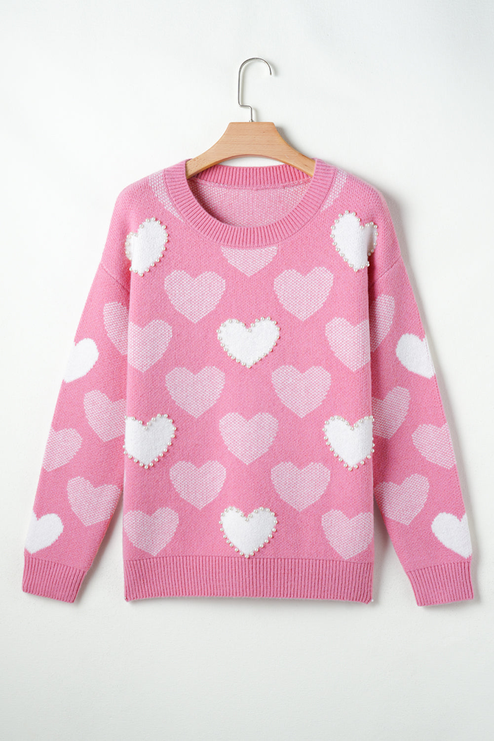 Pink Pearled Heart Print Valentines Crew Neck Sweater Sweaters JT's Designer Fashion
