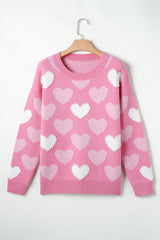 Pink Pearled Heart Print Valentines Crew Neck Sweater Sweaters JT's Designer Fashion