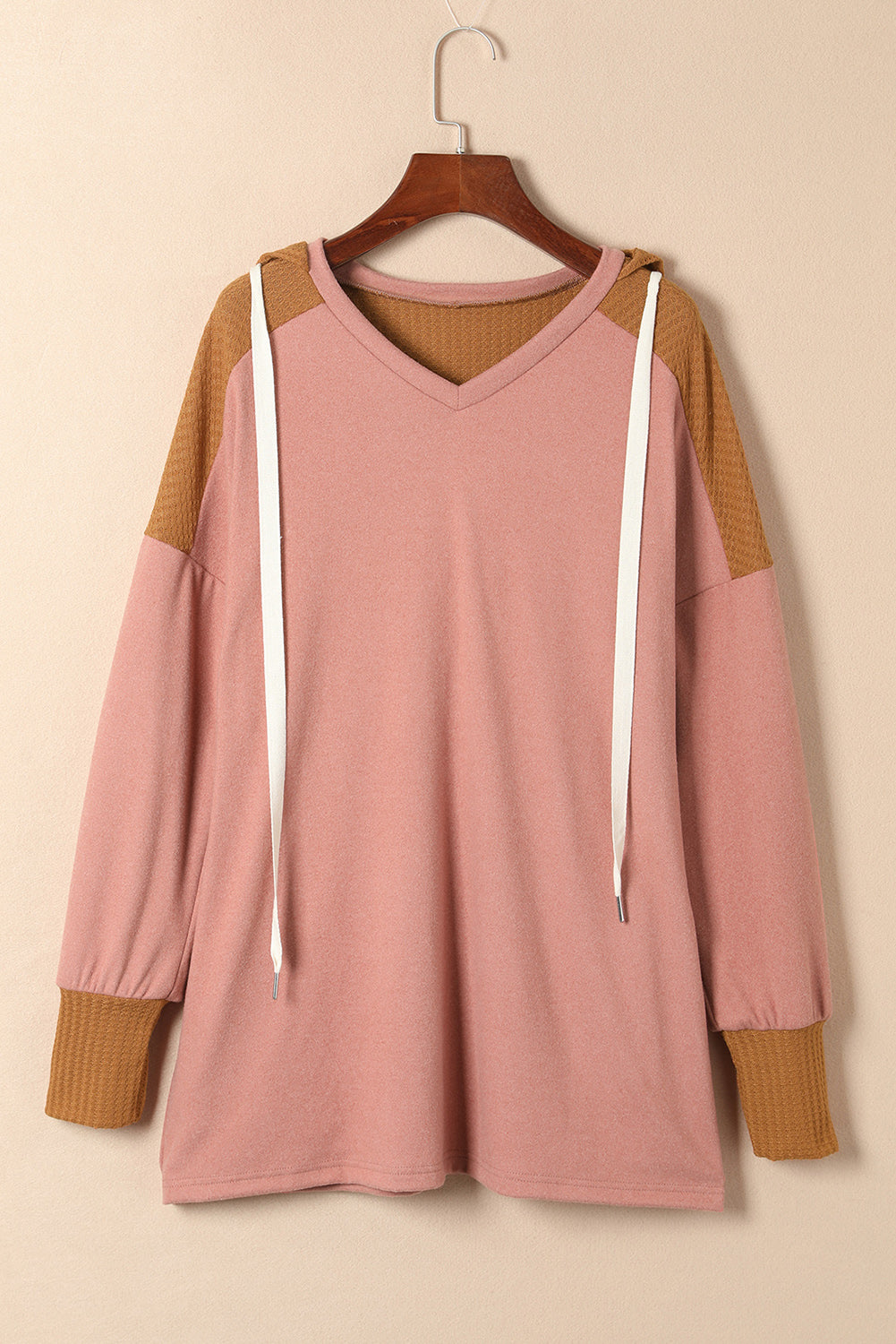 Brown Waffle Knit Patchwork Drawstring V Neck Hoodie Sweatshirts & Hoodies JT's Designer Fashion