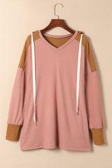 Brown Waffle Knit Patchwork Drawstring V Neck Hoodie Sweatshirts & Hoodies JT's Designer Fashion