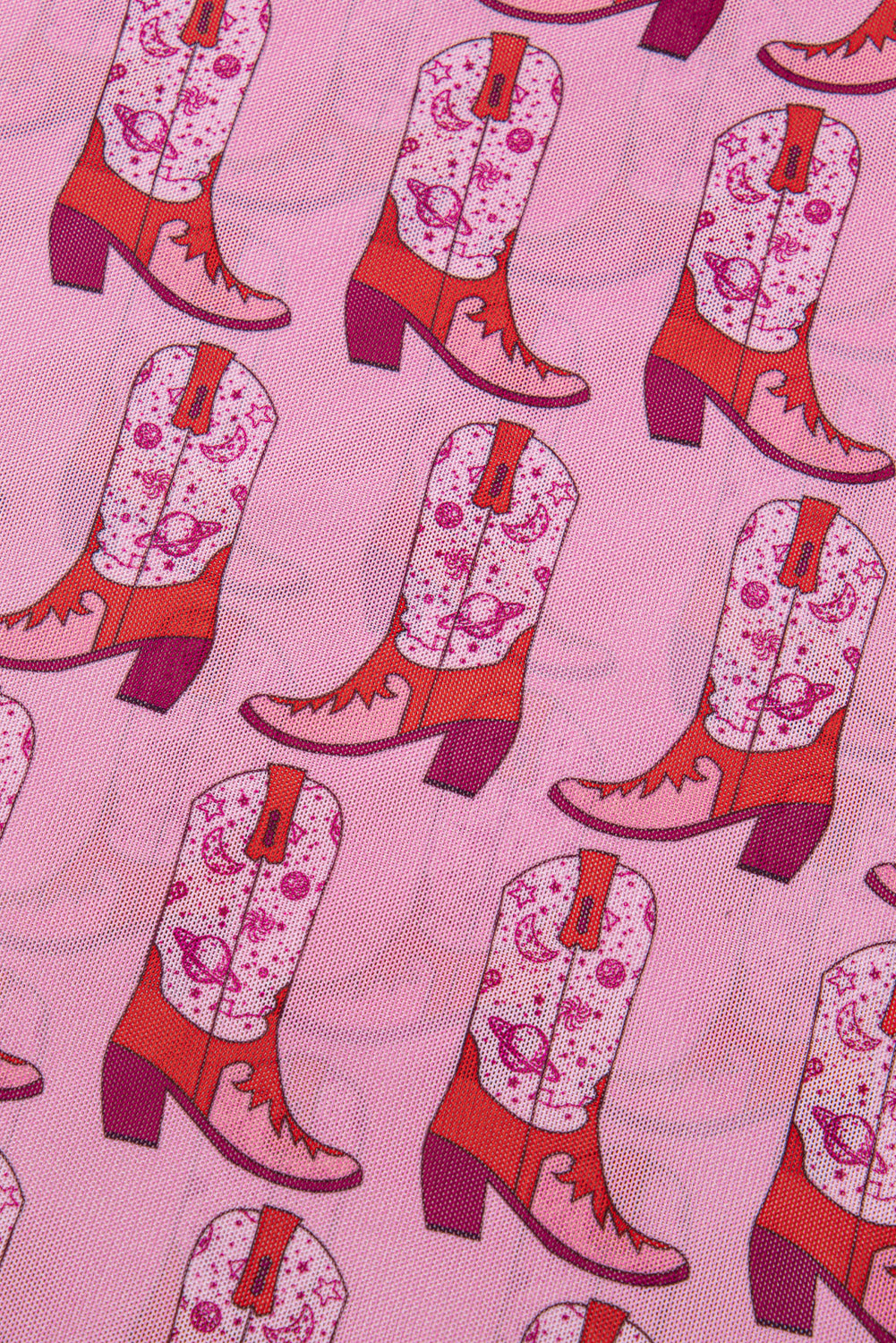 Pink Cowgirl Boots Printed Mock Neck Long Sleeve Mesh Top Long Sleeve Tops JT's Designer Fashion
