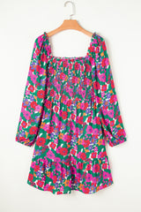 White Plus Size Floral Frilled Square Neck Shirred Long Sleeve Dress Plus Size Mini Dresses JT's Designer Fashion