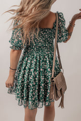 Green Smocked Square Neck Puff Short Sleeve Floral Dress Floral Dresses JT's Designer Fashion