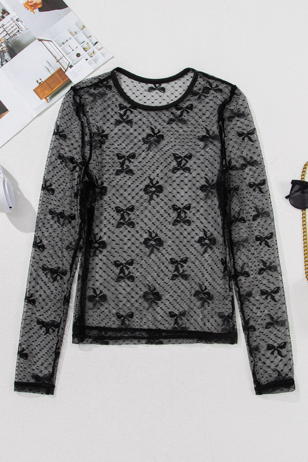 Black Bow Pattern Accent Mesh Long Sleeve Top Long Sleeve Tops JT's Designer Fashion