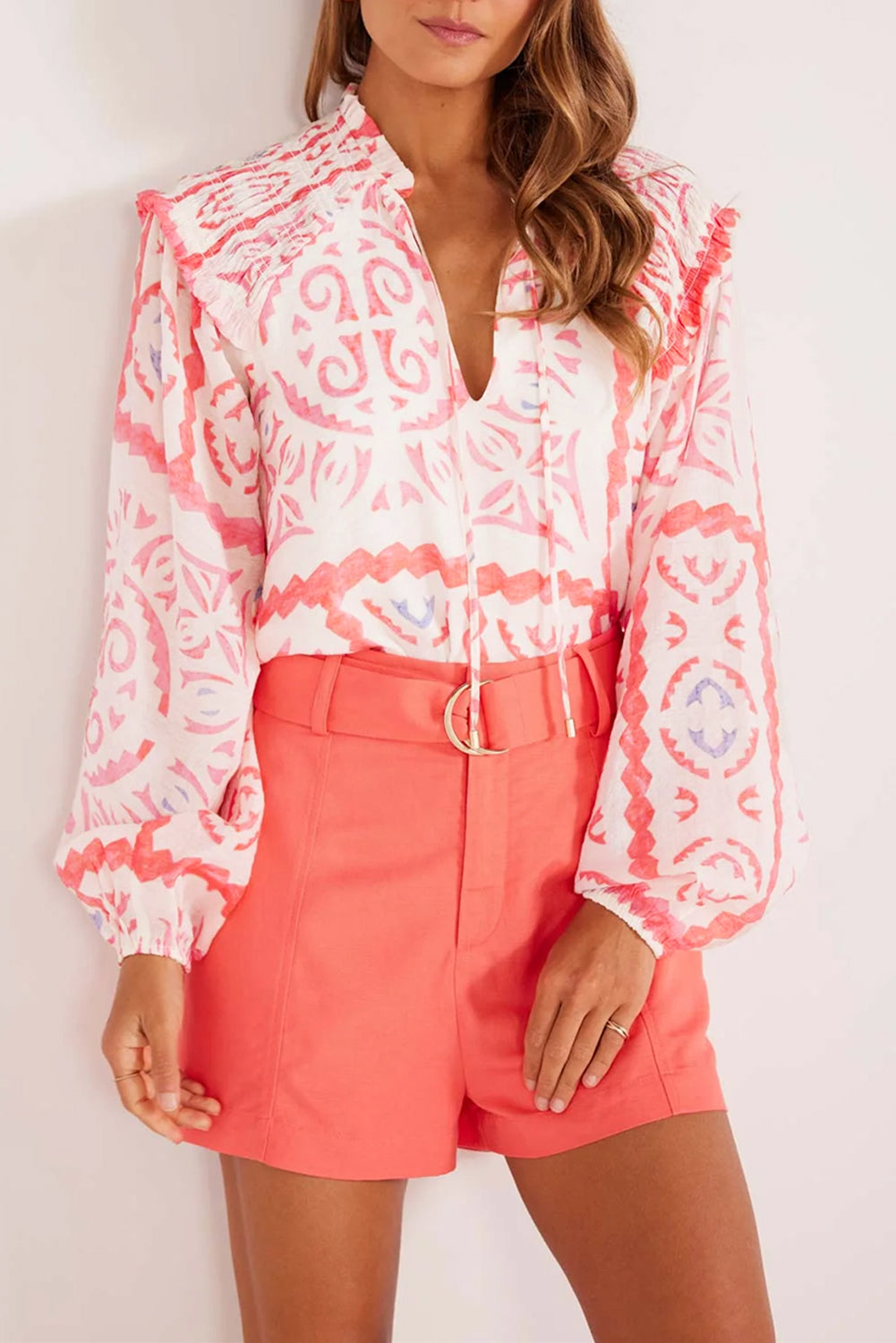 Desert Flower Vintage Print Smocked Poet Collar Billowy Blouson Sleeves Blouse Desert Flower 100%Polyester Blouses & Shirts JT's Designer Fashion