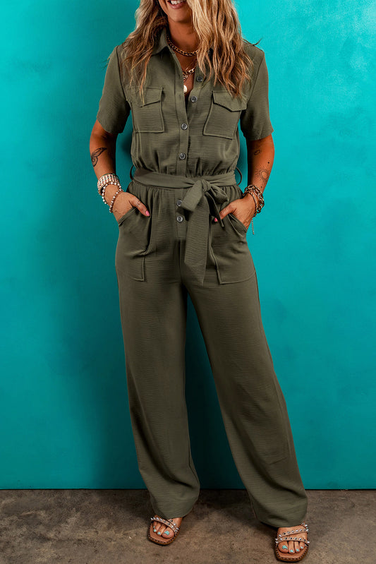 Moss Green Half Button Belted Utility Short Sleeve Jumpsuit Jumpsuits & Rompers JT's Designer Fashion