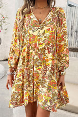 Yellow Cream Floral Print V Neck Puff Sleeve Mini Dress Floral Dresses JT's Designer Fashion