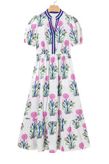 White Floral Puff Short Sleeve V Neck High Waist Maxi Dress Floral Dresses JT's Designer Fashion