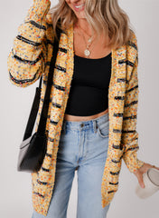 Beige Striped Pom Pom Knit Open Front Long Cardigan Cardigans JT's Designer Fashion