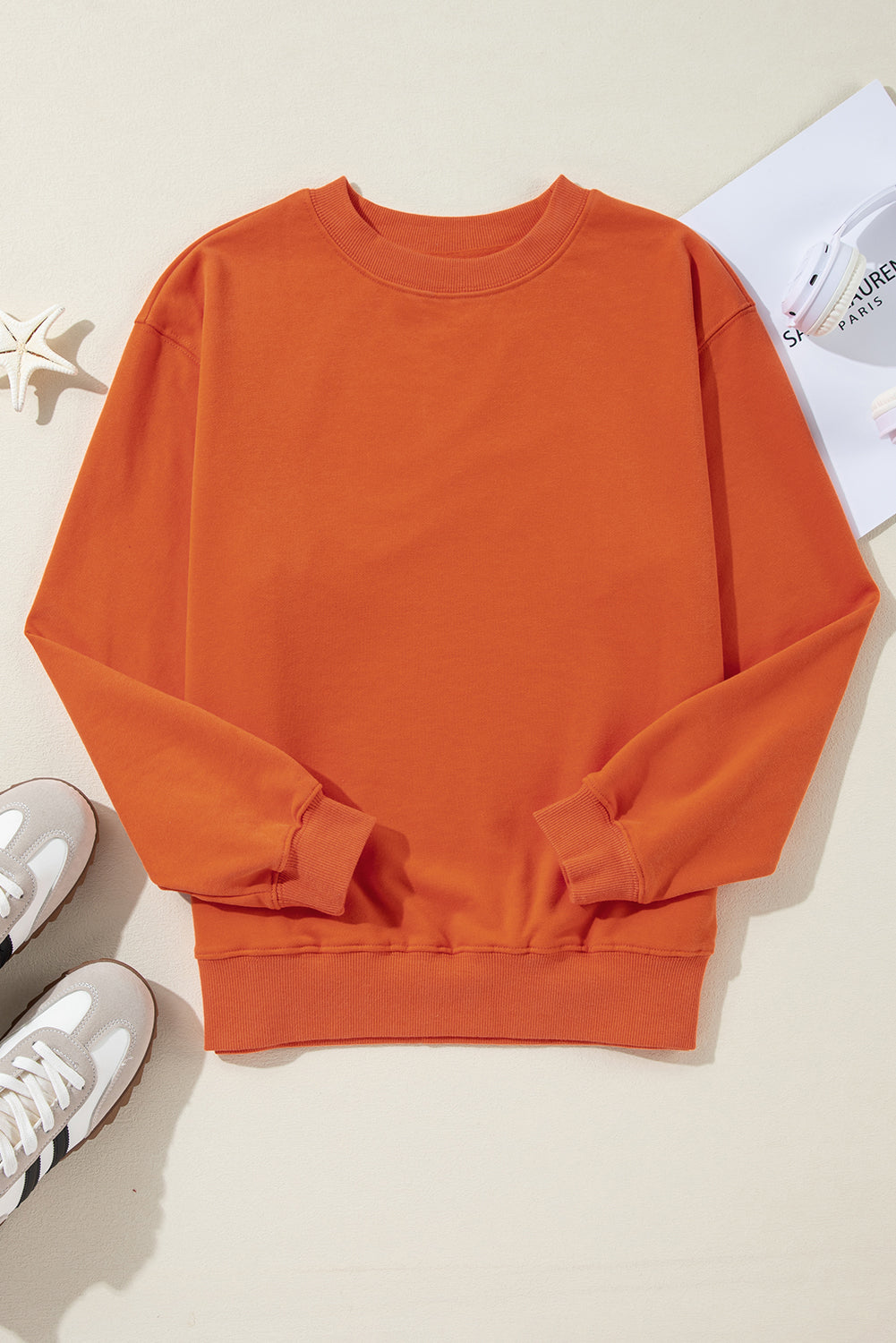 Orange Plain Drop Shoulder Crewneck Pullover Sweatshirt Sweatshirts & Hoodies JT's Designer Fashion