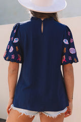 Sail Blue Shellfish Coral Embroidery Puff Sleeve Frilled Neck Blouse Blouses & Shirts JT's Designer Fashion