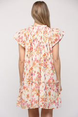 Apricot Floral Geometric Print Ruffled Trim Flutter Sleeve Mini Dress Floral Dresses JT's Designer Fashion