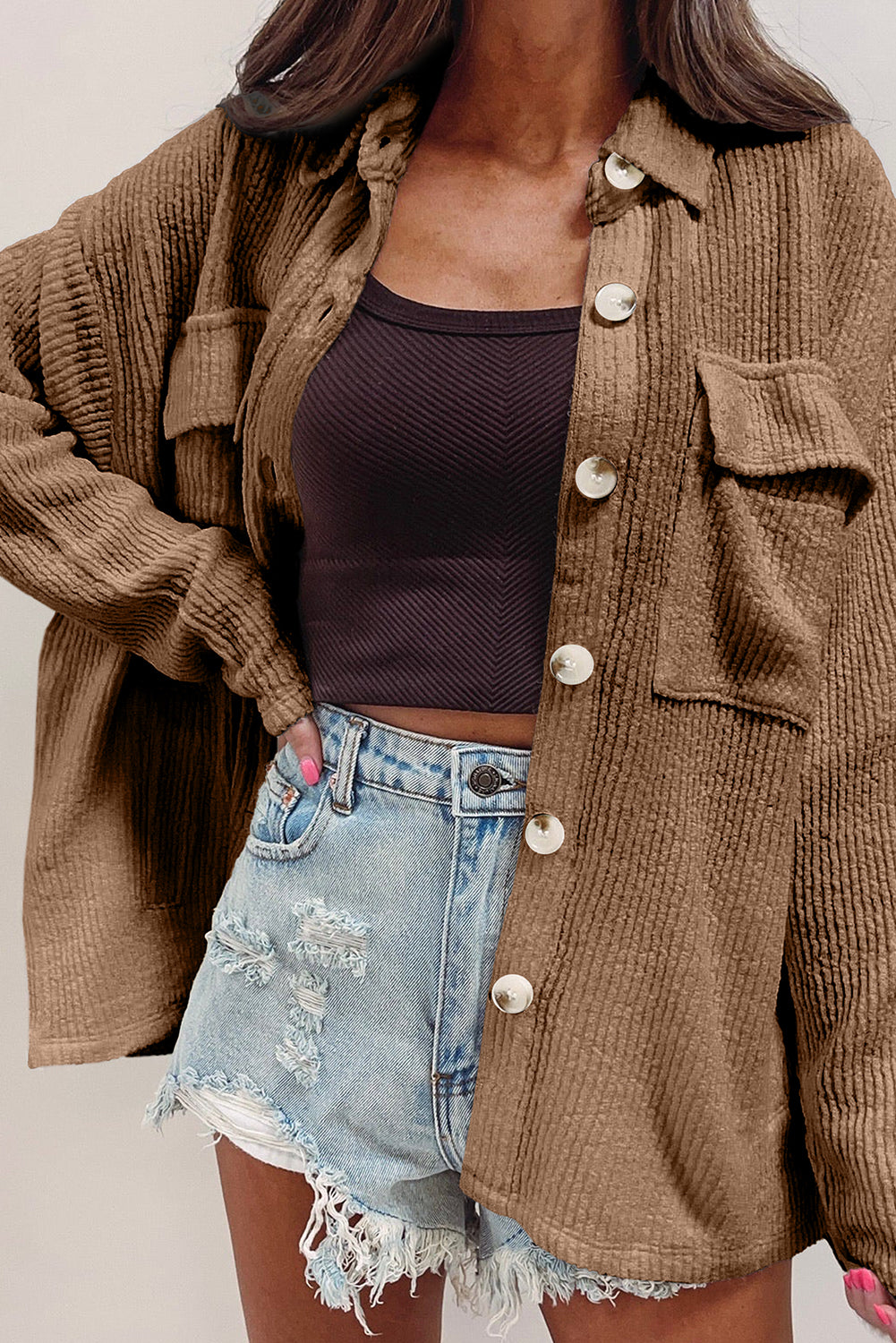 Dark Khaki Solid Color Corduroy Buttoned Long Sleeve Shacket Dark Khaki 85%Polyester+10%Viscose+5%Elastane Jackets JT's Designer Fashion