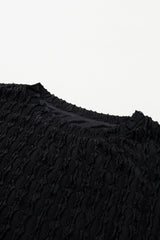 Black Frill Textured Short Sleeve Top and Drawstring Shorts Set Short Sets JT's Designer Fashion