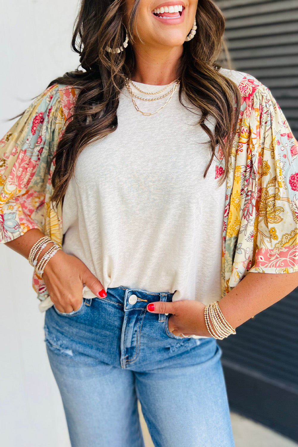 Beige Floral Patchwork Half Batwing Sleeve Blouse Beige 65%Cotton+35%Polyester Blouses & Shirts JT's Designer Fashion