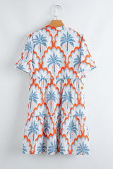Orange Contrast Palm Tree Printed Short Sleeve Flowy Dress Mini Dresses JT's Designer Fashion