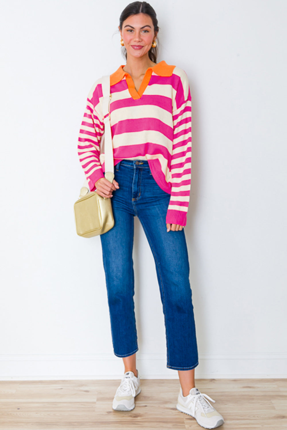Rose Stripe Color Block Collared V Neck Drop Shoulder Sweater Sweaters JT's Designer Fashion