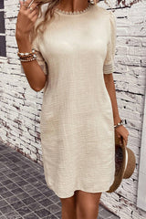 Beige Crinkle Lace Trim Puff Sleeve Shift Mini Dress Dresses JT's Designer Fashion