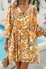 Yellow Cream Floral Print V Neck Puff Sleeve Mini Dress Yellow Cream 100%Polyester Floral Dresses JT's Designer Fashion