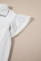 Gray Stripe Zipped up Collar Ruffled Sleeve Tee and Wide Leg Pants 2pcs Outfit Pant Sets JT's Designer Fashion