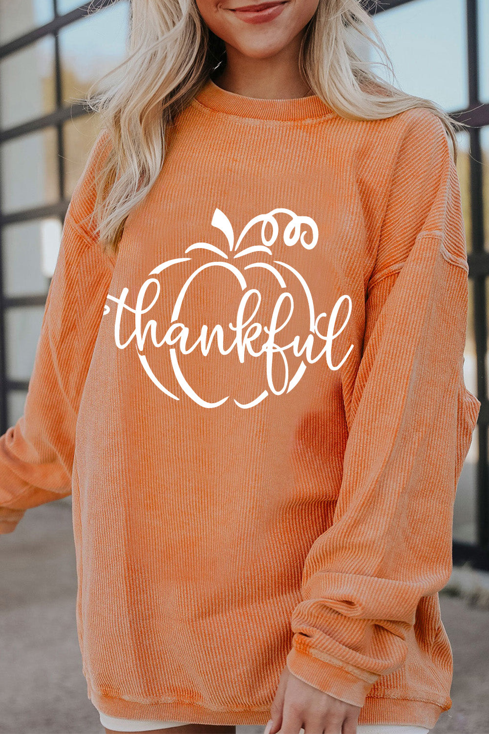 Orange Pumpkin thankful Graphic Corded Thanksgiving Sweatshirt Graphic Sweatshirts JT's Designer Fashion