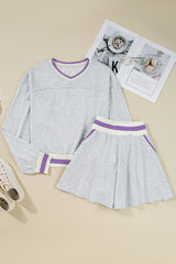 Light Grey Contrast Striped Bands Cropped Pullover and Athletic Short Set Short Sets JT's Designer Fashion