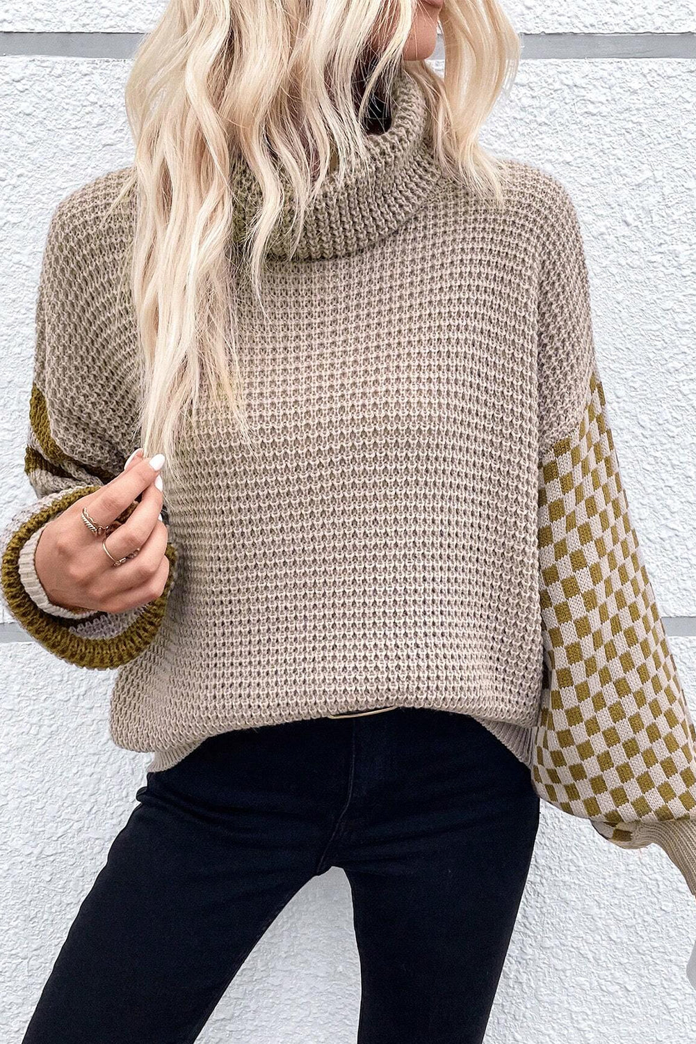 Smoke Gray Striped Plaid Patchwork Waffle Knit Turtleneck Sweater Sweaters JT's Designer Fashion