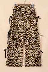 Brown Leopard Print Bow Tie Drawstring Elastic Waist Loose High Waist Pants Pants & Culotte JT's Designer Fashion