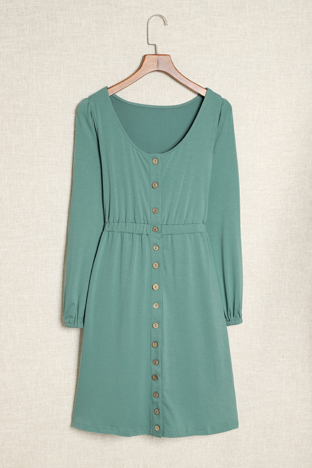 Green Button Up High Waist Long Sleeve Dress Midi Dresses JT's Designer Fashion