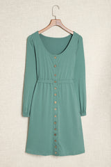 Green Button Up High Waist Long Sleeve Dress Midi Dresses JT's Designer Fashion