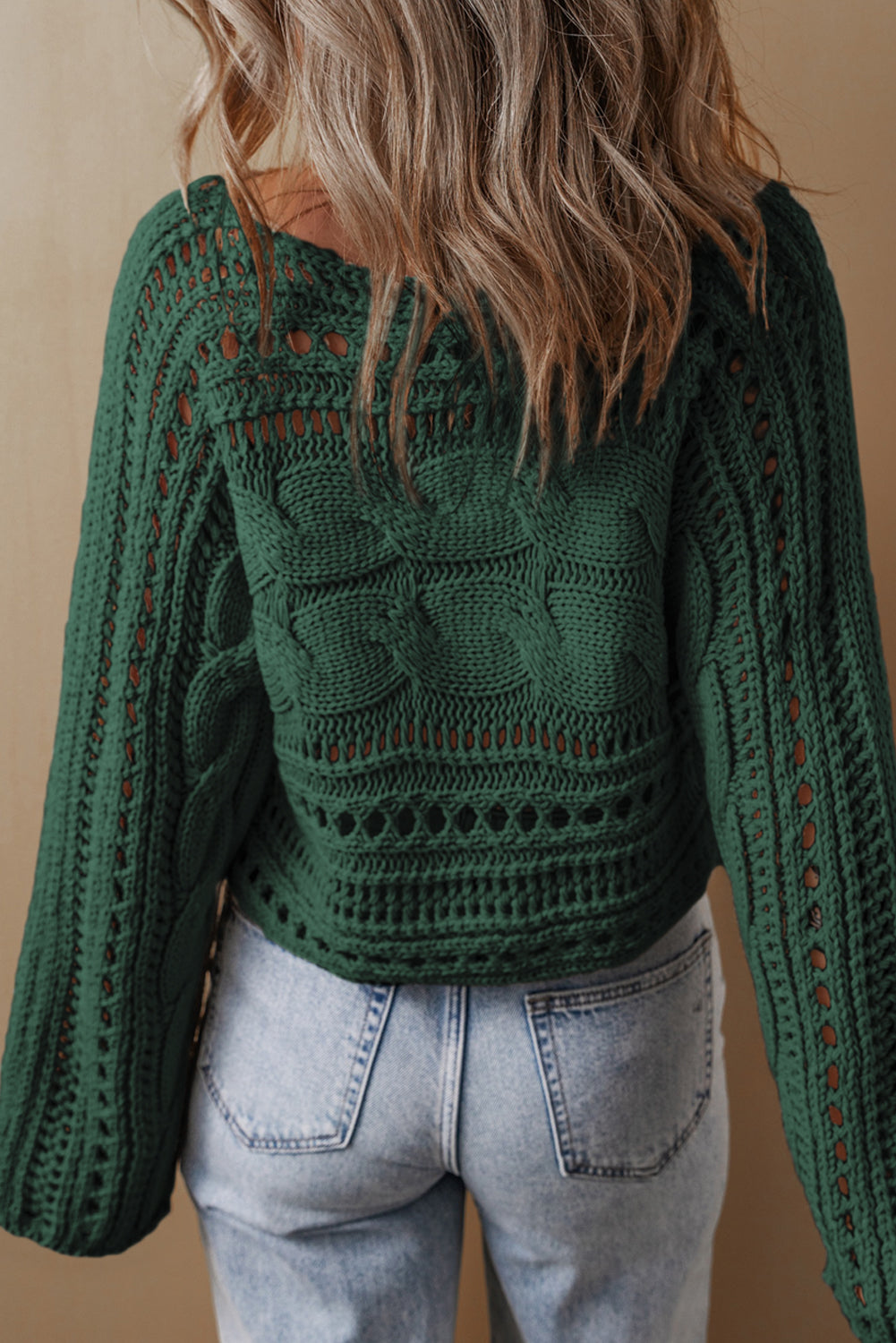 Blackish Green Hollow-out Cable Knit Cropped Sweater Sweaters JT's Designer Fashion