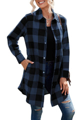 Blue Turn-down Collar Plaid Shirt Jacket Plaid Shackets JT's Designer Fashion