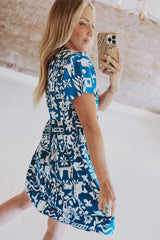 Blue Ricrac Trim Split Neck Floral Loose Dress Floral Dresses JT's Designer Fashion