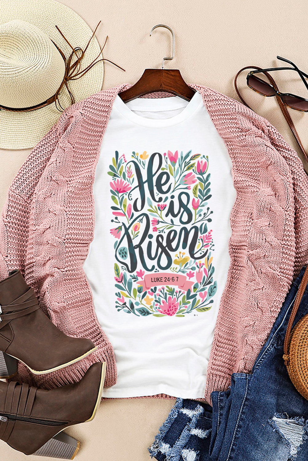 White He is Risen Floral Printed T Shirt Graphic Tees JT's Designer Fashion