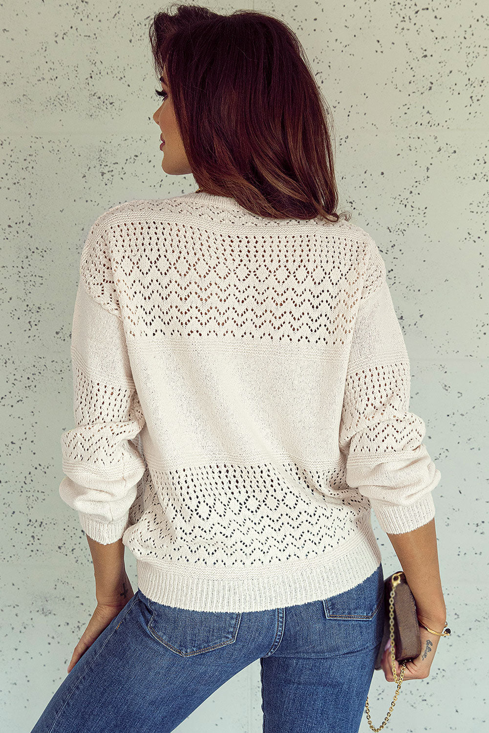 White Eyelet Pattern Detail V Neck Drop Shoulder Sweater Sweaters JT's Designer Fashion