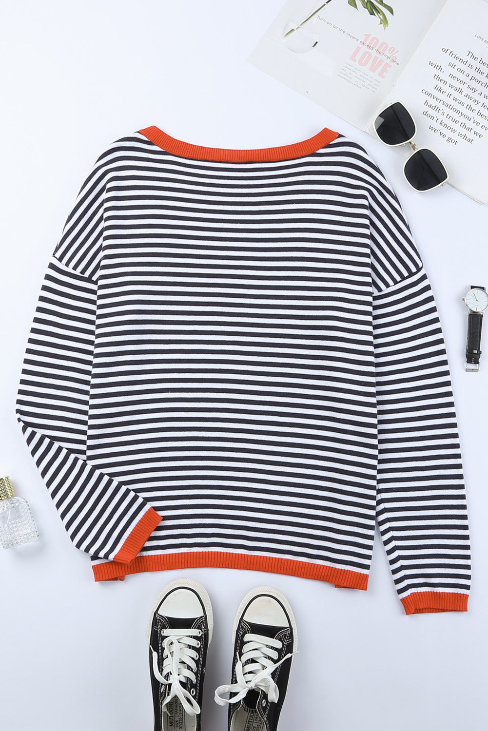 Contrast Trimmed Striped Drop Shoulder Sweater Sweaters & Cardigans JT's Designer Fashion
