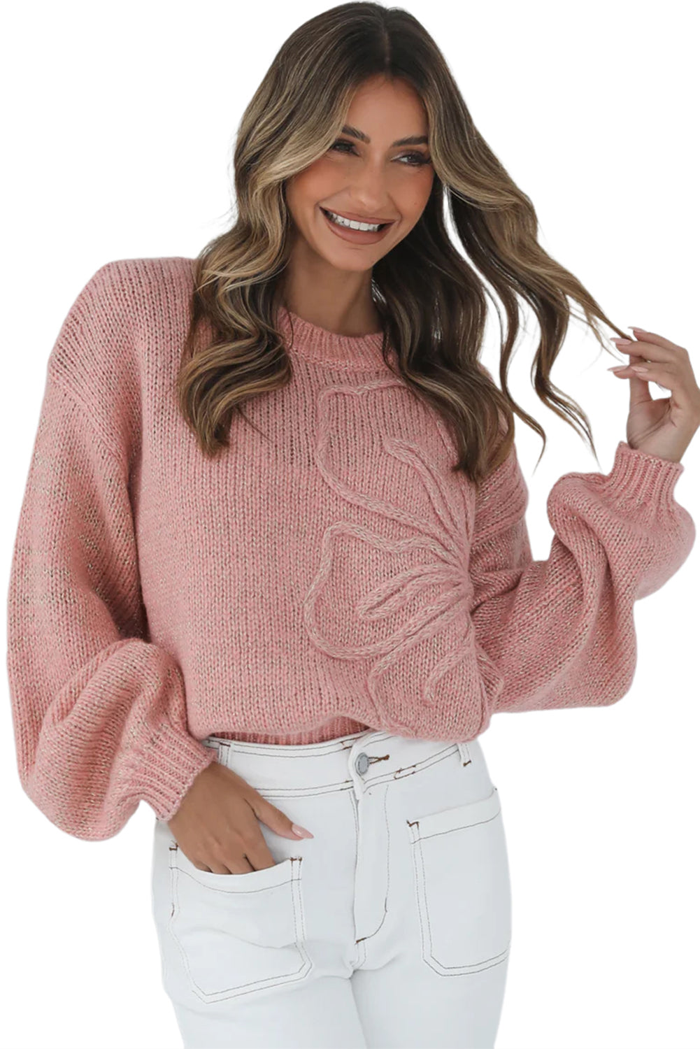 Peach Blossom Big Flower Accent Bubble Sleeve Drop Shoulder Sweater Sweaters JT's Designer Fashion