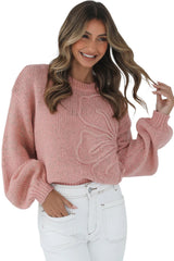 Peach Blossom Big Flower Accent Bubble Sleeve Drop Shoulder Sweater Sweaters JT's Designer Fashion