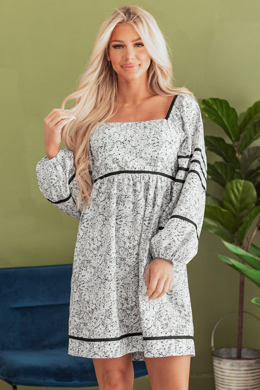 Gray Floral Print Open Back Balloon Sleeve Square Neck Mini Dress Gray 100%Polyester Floral Dresses JT's Designer Fashion