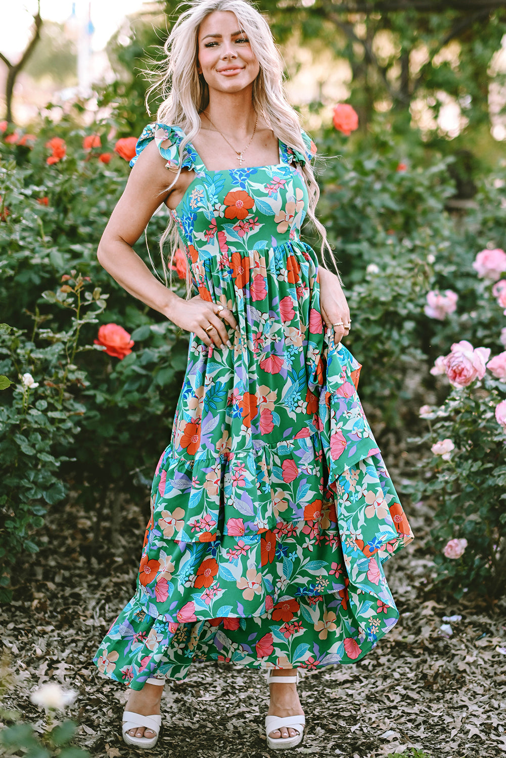 Green Floral Print Sleeveless Ruffle Tiered Maxi Dress Floral Dresses JT's Designer Fashion