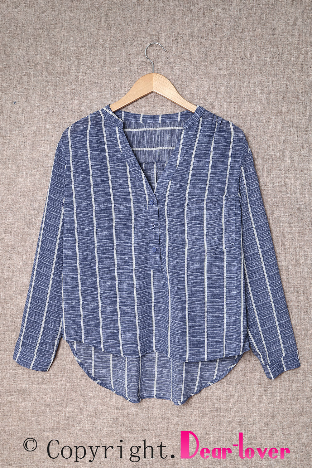 Blue Striped V Neck Pocket Long Sleeve Top Long Sleeve Tops JT's Designer Fashion