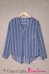 Blue Striped V Neck Pocket Long Sleeve Top Long Sleeve Tops JT's Designer Fashion