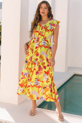 Yellow Cheetah Plant Print Shirred Button V Neck Long Dress Maxi Dresses JT's Designer Fashion