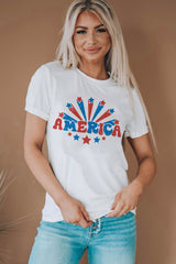 White AMERICA Star Graphic Round Neck Tee Graphic Tees JT's Designer Fashion